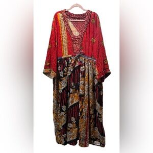 Kantha Maxi Dress, Black, Red, Gold, Size XL, Boutique, Bohemian Dress, Boho
